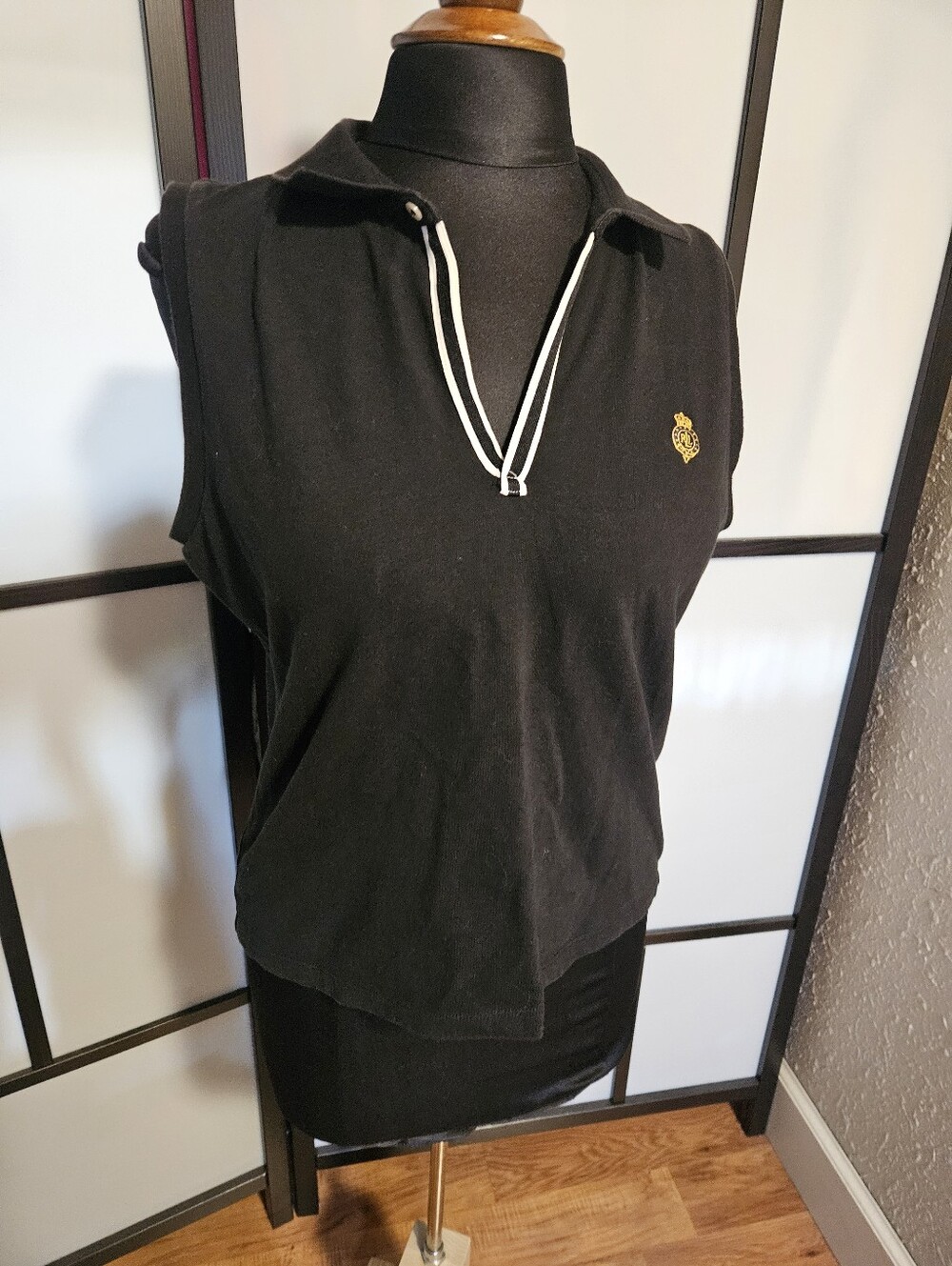 Ralph Lauren Black Sleeveless Polo Tank with White Trim and Gold Crest